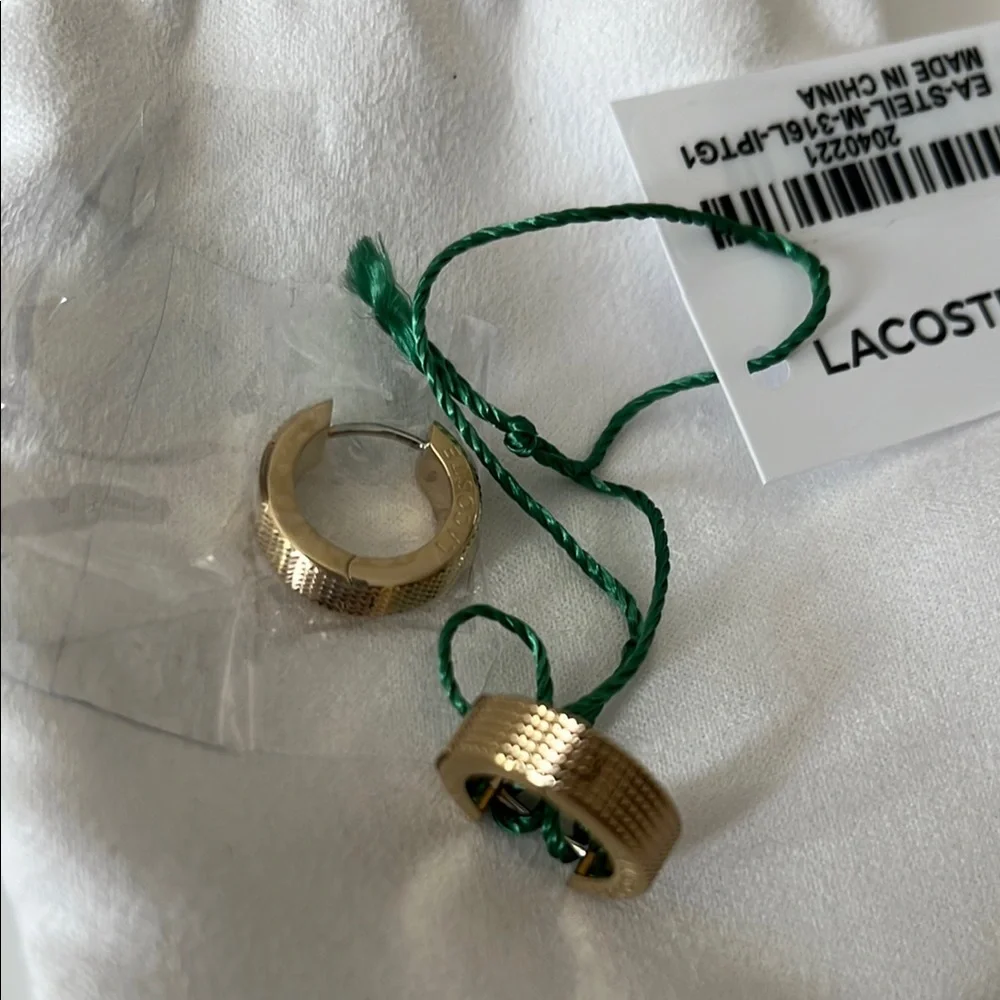 LACOSTE Gold STENCIL Classic Hoop Earrings STAINLESS STEEL GOLD BRAND NEW - Picture 5 of 5